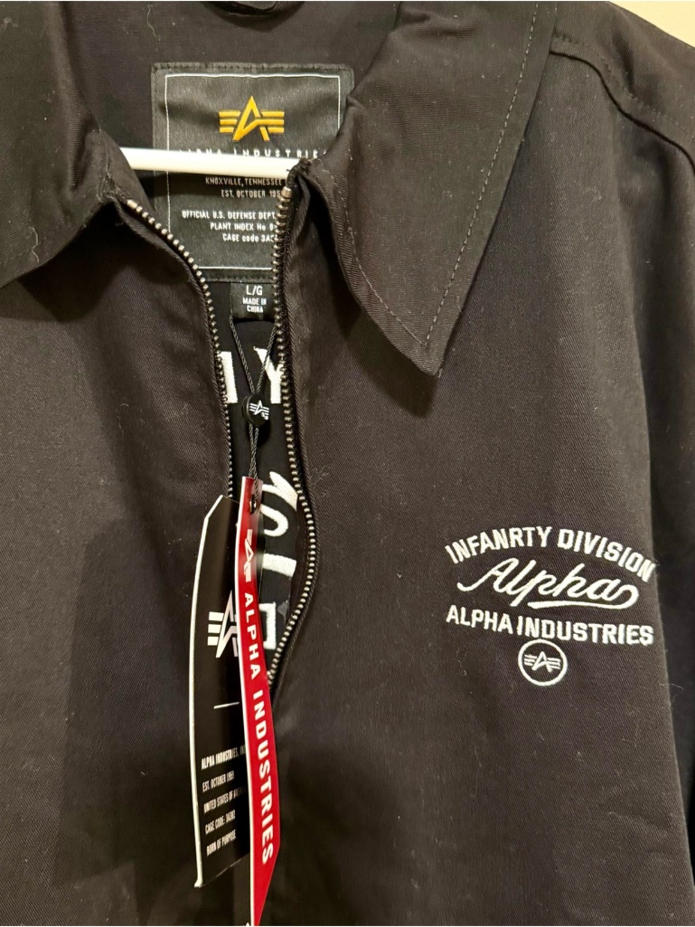 NWT Alpha Industries Black Zip Up Jacket with White Infantry Script Size Large - Picture 4 of 8